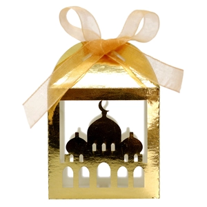 Detailed laser-cut gold gift box with mosque silhouette and elegant ribbon bow
