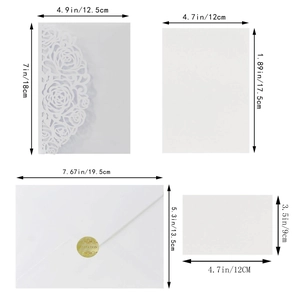 Guide détaillé des tailles pour kit d'invitation de mariage blanc découpé au laser