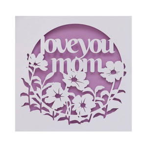 Carte fête des mères découpée au laser avec texte Love You Mom et motifs floraux