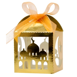 Laser cut gold Ramadan candy gift box with mosque silhouette and orange ribbon bow decoration