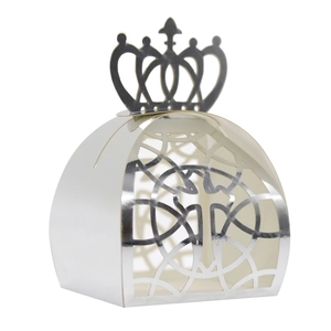Detailed laser-cut white wedding favor box with crown top and silver metallic hollow design