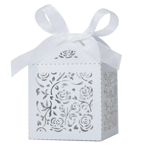 Detail of laser cut rose pattern on white gift box with white organza ribbon