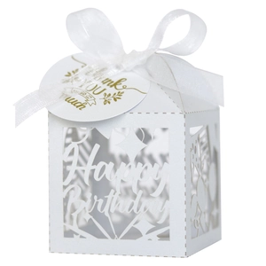 Detailed white laser-cut Happy Birthday gift box with organza bow and thank you tag
