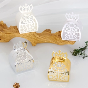 Elegant laser-cut crown candy boxes in gold, silver, and white for wedding party favors