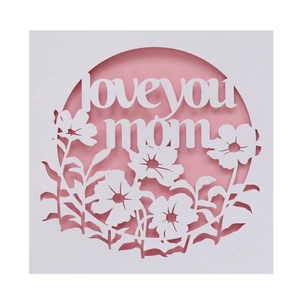 Carte de fête des mères découpée au laser avec motif floral 'love you mom' rose et blanc