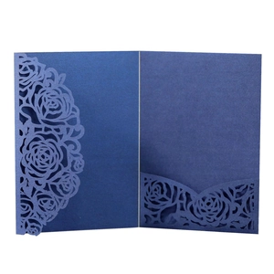 Laser cut navy blue wedding invitation cover with elegant rose floral hollow pattern