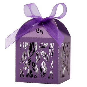 Elegant purple hollow leaf laser-cut paper gift box with matching silk ribbon bow