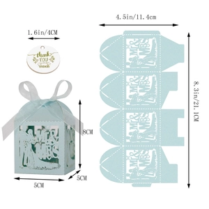 Detailed dimension guide for laser-cut light blue wedding favors box with Thank You tag
