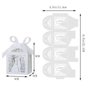 Flat lay and 3D view of laser-cut party candy box with size dimensions and white ribbon