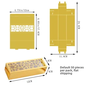 Detail view of gold hollow candy box with cross patterns and assembly dimensions