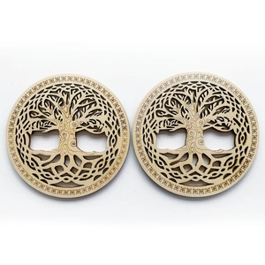 Set of 2 Tree of Life laser-cut wooden coasters with geometric star border design