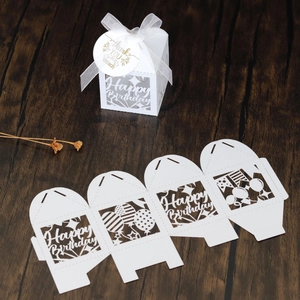 Laser-cut Happy Birthday gift box with balloon patterns and white organza ribbon