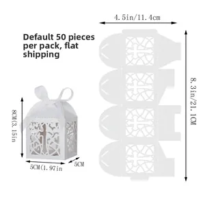 Detailed laser-cut white cross favor box dimensions with flat-packed 50-piece set view