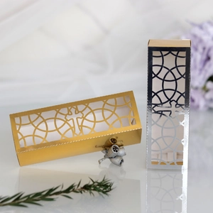 Hollow laser cut wedding favor boxes in metallic gold and silver with cross patterns