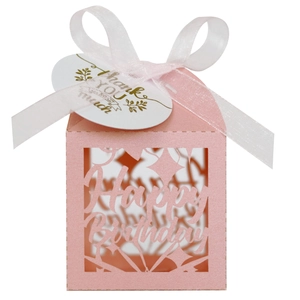 Pink glitter Happy Birthday gift box with laser-cut text and white ribbon detail