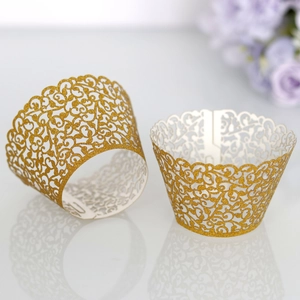 Elegant gold glitter hollow lace vine pattern cupcake wrappers for wedding and party decoration
