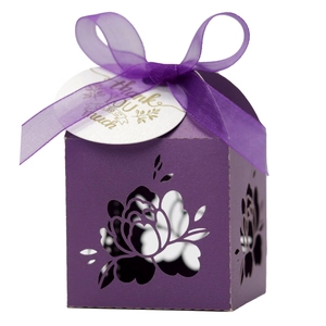 Laser cut floral candy box in purple with ribbon and thank you tag for wedding favors