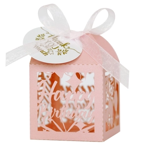 Pink laser-cut Happy Birthday favor box with white organza ribbon and round thank you tag