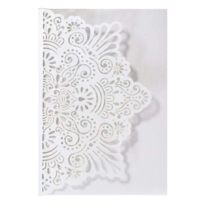 Elegant white laser cut wedding invitation with intricate mandala lace pattern for events