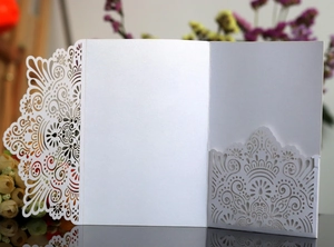 Detail showing the intricate laser-cut floral lace pattern on white pearlescent paper card