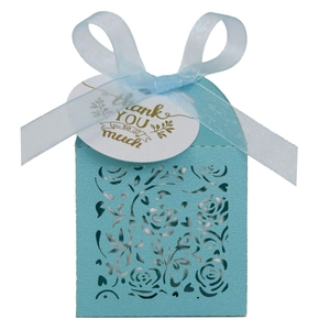 Detail of light blue laser-cut gift box featuring rose patterns and Thank You tag