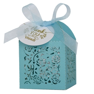 Light blue laser cut rose gift box with sheer ribbon and Thank You hang tag