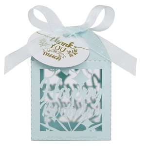 Detailed laser-cut light blue birthday candy box with ribbon and gold thank you tag