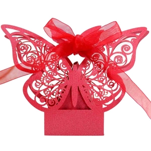 Elegant red laser-cut butterfly gift box with glitter finish and red organza ribbon