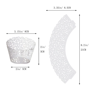 White laser cut floral cupcake wrappers with vine hollow pattern and size dimensions
