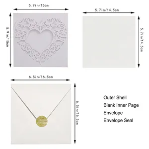 Laser-cut heart invitation set with dimensions for shell, inner card, and envelope