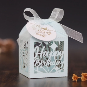 Detail of light blue laser-cut gift box with Happy Birthday text and silk ribbon