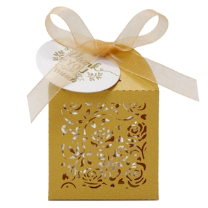 Detail of golden laser-cut rose gift box with champagne ribbon and Thank You tag