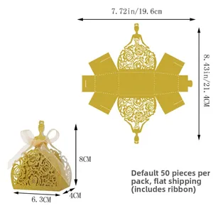 Detail of laser-cut princess dress wedding favor box with gold glitter finish and dimensions