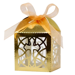 Elegant laser-cut silver mirror cross candy box with ribbon for wedding and baptism