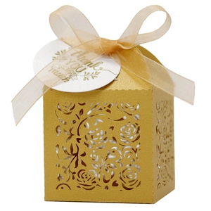 Elegant gold pearl paper laser-cut rose gift box with champagne ribbon and thank you tag