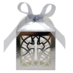Detail of silver mirror laser-cut cross gift box with elegant grey ribbon bow