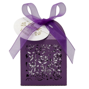 Laser-cut purple favor box with rose patterns, organza ribbon, and Thank You gift tag