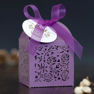 Detailed laser-cut rose patterns on purple gift box with a gold thank you tag