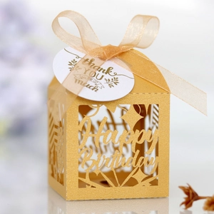 Golden laser cut Happy Birthday candy box with ribbon and Thank You floral gift tag