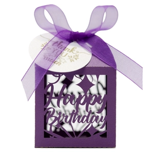 Detail of purple Happy Birthday laser-cut candy box with ribbon and thank you tag