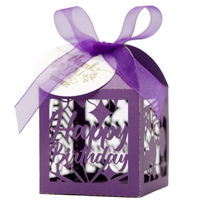Purple laser-cut birthday favor box with silk ribbon and thank you tag for parties