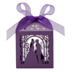 Detailed laser-cut purple gift box with bride and groom silhouette and ribbon