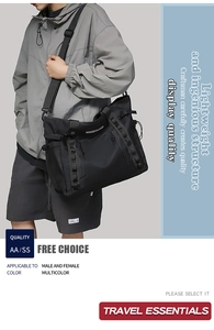 Detail of durable black nylon messenger bag featuring adjustable straps and side mesh pocket
