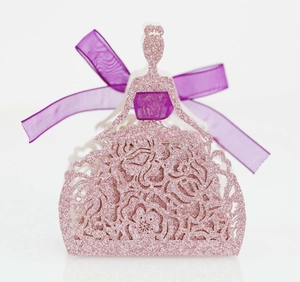 Detailed laser-cut princess dress gift box in pink glitter with purple ribbon accent