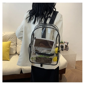Detailed view of clear PVC backpack with black trim featuring a spacious main compartment