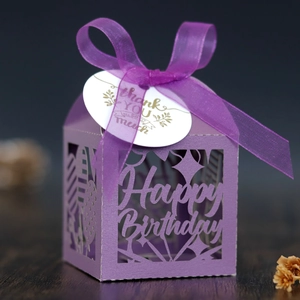 Close-up of purple hollow Happy Birthday favor box with organza ribbon and gift tag