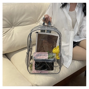 Close-up of clear PVC backpack featuring grey trim and side mesh pocket on white sofa