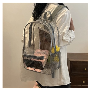 Clear PVC backpack with grey trim worn by model against a minimalist background