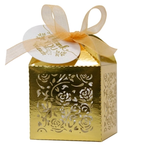 Golden laser-cut rose hollow favor box with orange ribbon and Thank You tag