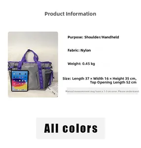 Detailed size specs for grey nylon travel tote with 0.45kg weight and dimension markings